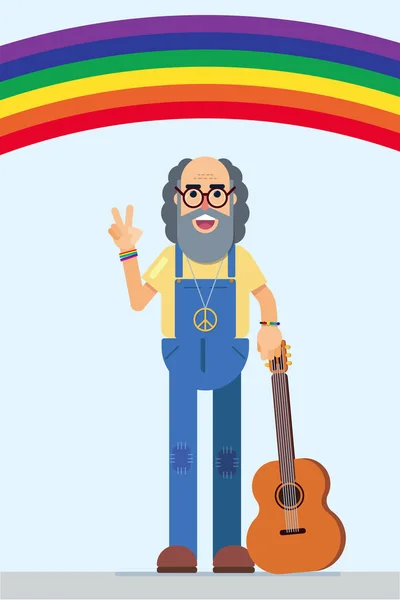 Illustration av en leende hippie med freds symbolen — Stock vektor