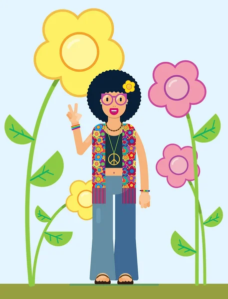 Illustration d'un hippie souriant avec le symbole de la paix — Image vectorielle