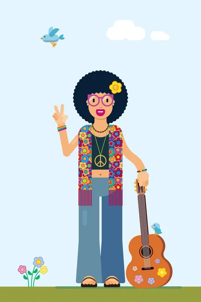 Illustration d'un hippie souriant avec le symbole de la paix — Image vectorielle