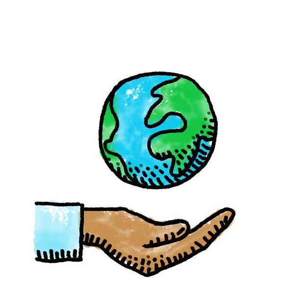 世界与手 数码绘画 环保标志 — 图库照片