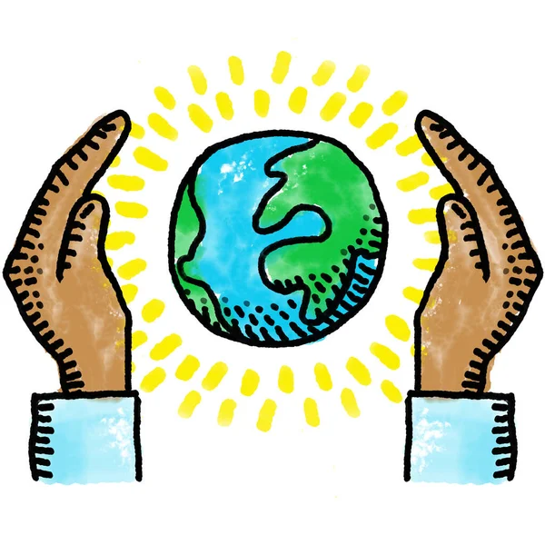 Κόσμος Και Χέρι Ψηφιακή Ζωγραφική Σύμβολο Της Προστασίας Του Περιβάλλοντος — Φωτογραφία Αρχείου
