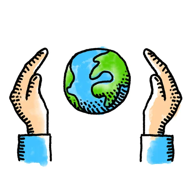 世界与手 数码绘画 环保标志 — 图库照片