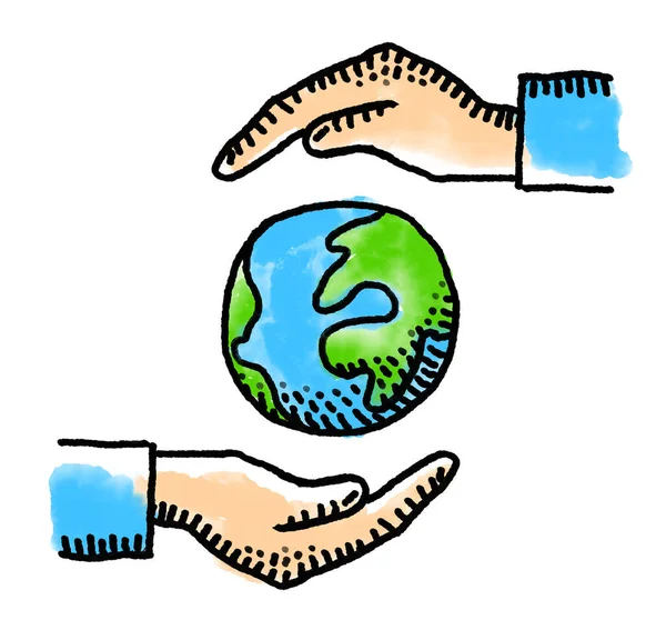 Κόσμος Και Χέρι Ψηφιακή Ζωγραφική Σύμβολο Της Προστασίας Του Περιβάλλοντος — Φωτογραφία Αρχείου