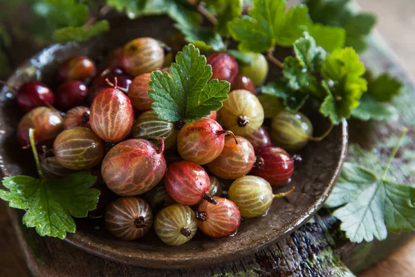 Stachelbeeren Mit Blättern Einem Keramikteller Auf Einem Hölzernen Hintergrund Nahaufnahme — Stockfoto