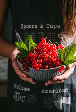 Bir kase kırmızı frenk üzümü tutan kadın elleri. Kapat..