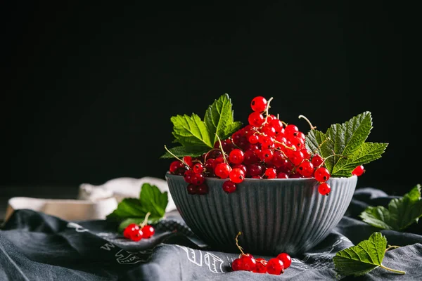 Groseille Rouge Avec Des Feuilles Dans Bol Céramique Grise Sur — Photo