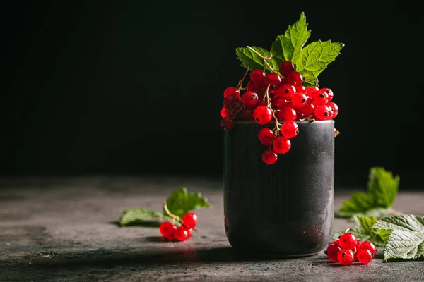 Rote Johannisbeere Mit Blättern Einer Grauen Keramiktasse Auf Grauem Hintergrund — Stockfoto