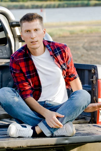 Portrait Young Man Red Checkered Shirt Sit Car Stock Photo