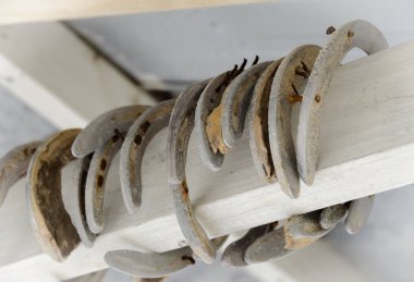 Beyaz bir odun parçası üzerinde asılı eski nal