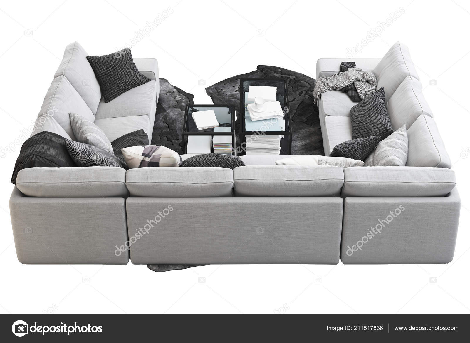 Moderne Mobel Mit Sofa Teppich Stehlampe Und Couchtischen Auf Weissem Stockfoto C 3dmitruk 211517836