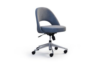 Yönetici görev yan metal tekerlekler ve koltuk yükseklik ayarı mekanizması üzerinde temel sandalyeyle. Ofis koltuğu gölgeler beyaz zemin üzerine. 3D render