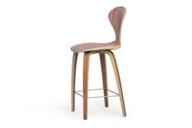 Modern ahşap bar tabure ahşap ayak üzerinde. Gölgeler ile beyaz arka plan karşı taburede. 3D render