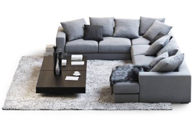 Modern mobilya kanepe, halı ve sehpa ile gölgeler beyaz zemin üzerine ayarla. Uzun kazık ile halı. İskandinav tarzı. Modern tarz. Koyu gri kumaş döşeme. 3D render