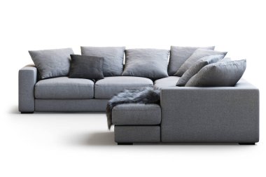 Modern tekstil kanepe yastık ve ekose gölgeler beyaz zemin üzerine ile. İskandinav tarzı. Modern tarz. Koyu gri kumaş döşeme. 3D render