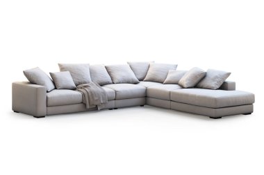 Modern tekstil kanepe yastık ve ekose gölgeler beyaz zemin üzerine ile. İskandinav tarzı. Modern tarz. Krem kumaş döşeme. 3D render