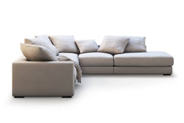 Modern tekstil kanepe yastık ve ekose gölgeler beyaz zemin üzerine ile. İskandinav tarzı. Modern tarz. Krem kumaş döşeme. 3D render
