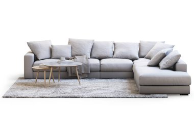Modern mobilya kanepe, halı ve sehpa ile gölgeler beyaz zemin üzerine ayarla. Uzun kazık ile halı. İskandinav tarzı. Modern tarz. Krem kumaş döşeme. 3D render