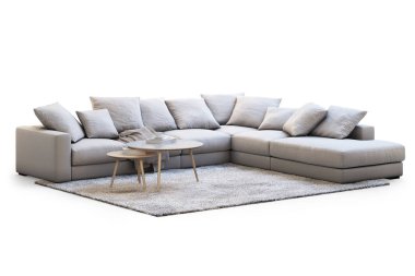 Modern mobilya kanepe, halı ve sehpa ile gölgeler beyaz zemin üzerine ayarla. Uzun kazık ile halı. İskandinav tarzı. Modern tarz. Krem kumaş döşeme. 3D render