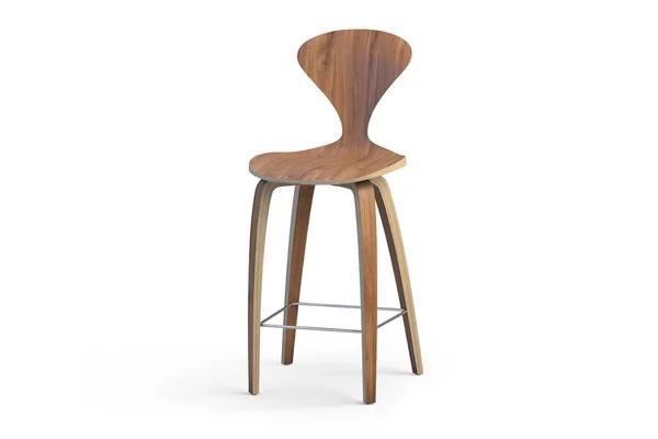Modern wooden bar stool on wooden legs. Counter stool on white background with shadows. 3d render