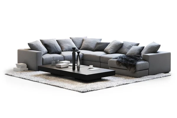 Moderna Möbler Set Med Soffbord Soffa Och Matta Vit Bakgrund — Stockfoto
