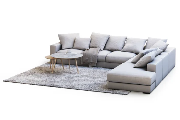 Moderne Möbel Mit Sofa Teppich Und Couchtischen Auf Weißem Hintergrund — Stockfoto