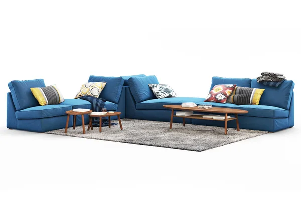 Modern furniture set with sofa, rug and coffee tables on white background with shadows. Scandinavian style. Modern style. Dark blue fabric upholstery. 3d render