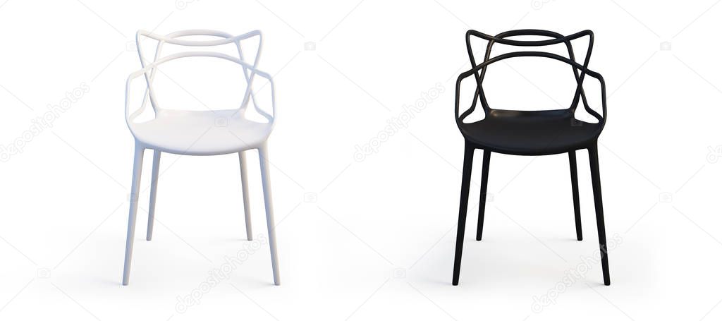Modern white and black matte plastic chairs on white background with shadows. 3d render