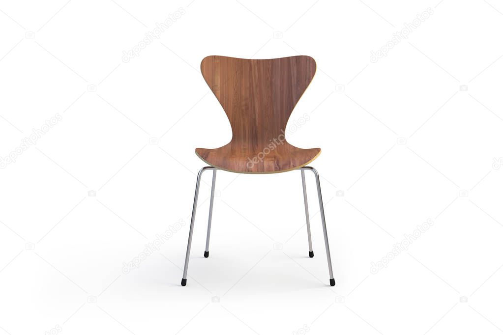 Modern wooden chair on metal legs. Modern chair on white background with shadows. 3d render