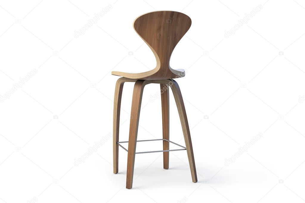 Modern wooden bar stool on wooden legs. Counter stool on white background with shadows. 3d render