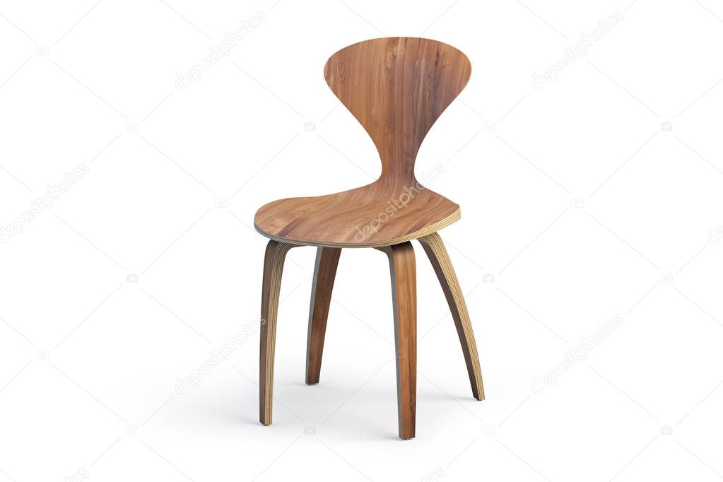 Modern wooden chair on on wooden legs. Modern side chair on white background with shadows. 3d render