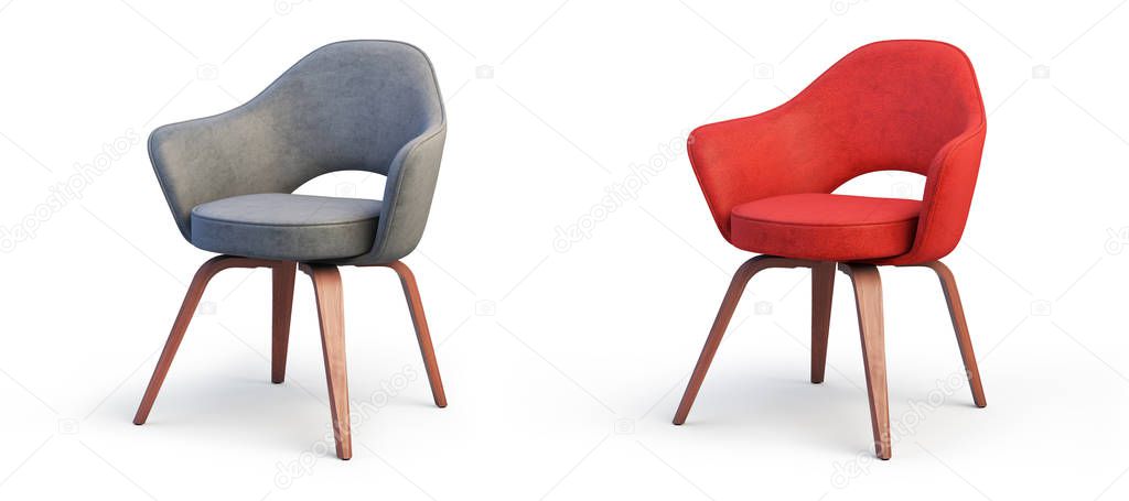 Modern gray and red armchairs with textile seat and wooden legs on white background with shadows. 3d render