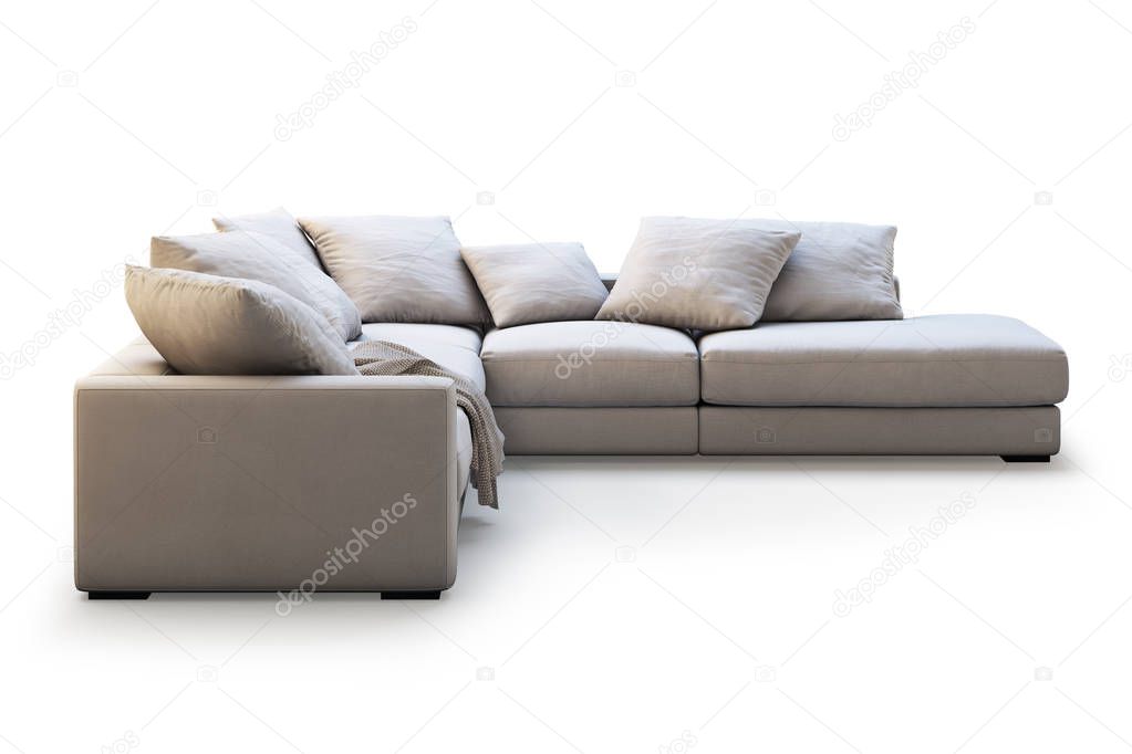 Modern textile sofa with pillows and plaid on white background with shadows. Scandinavian style. Modern style. Cream fabric upholstery. 3d render