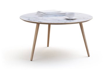 Modern white round coffee table on thin legs and marble countertop on white background with shadows. 3d render. clipart