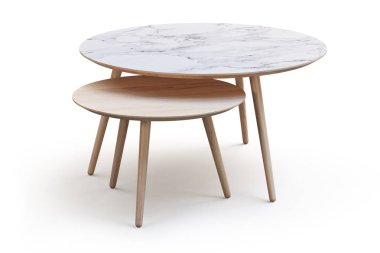Modern white round coffee tables on thin legs and marble and wood countertop on white background with shadows. 3d render. clipart