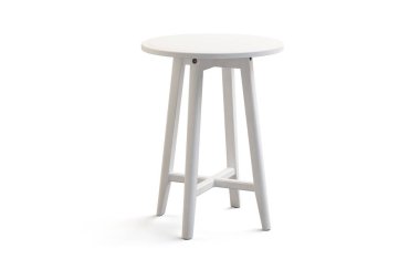 Modern beyaz yuvarlak sehpa gölgeler beyaz zemin üzerine ince ayak üzerinde. 3D render.