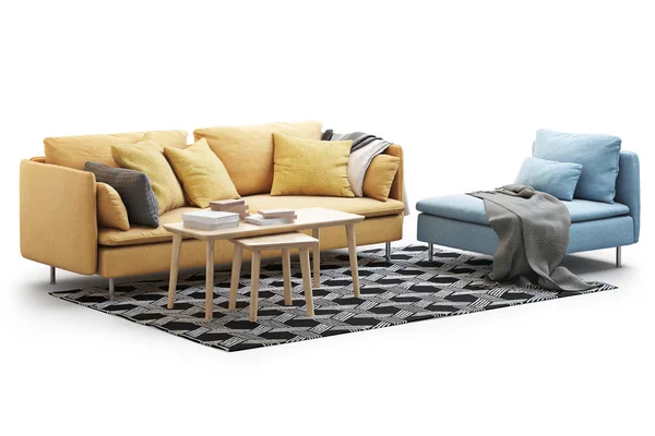 Modern furniture set with sofa, rug, chaise longue and coffee tables on white background with shadows. Scandinavian style. Modern style. Yellow and blue fabric upholstery. 3d render