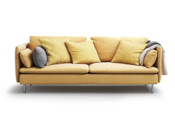 Sofá Têxtil Amarelo Moderno Com Travesseiros Xadrez Sobre Fundo Branco — Fotografia de Stock