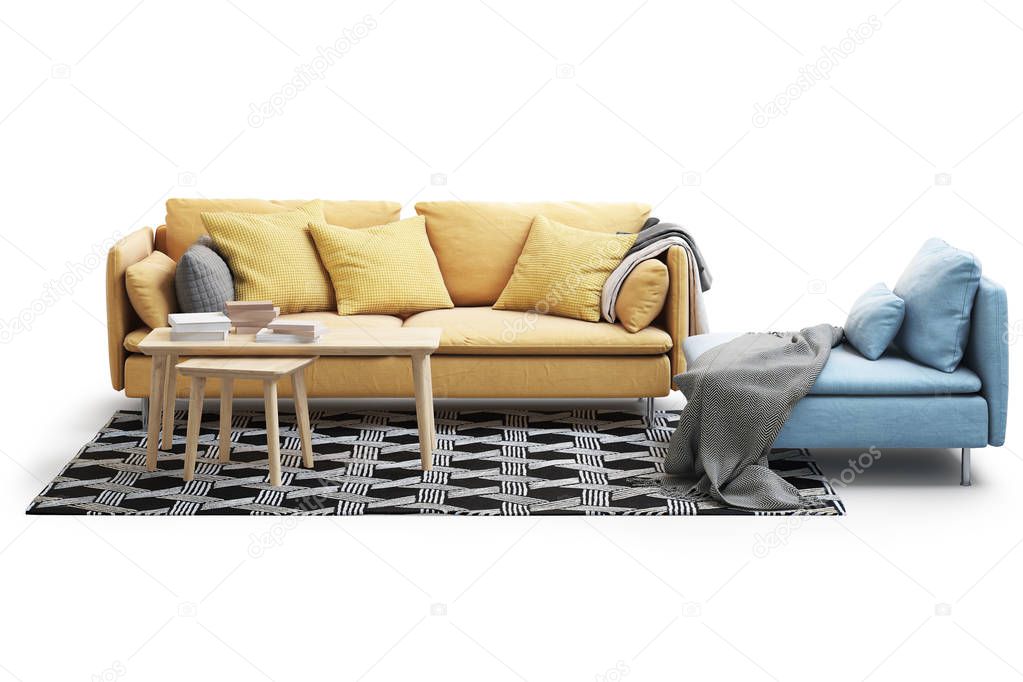 Modern furniture set with sofa, rug, chaise longue and coffee tables on white background with shadows. Scandinavian style. Modern style. Yellow and blue fabric upholstery. 3d render