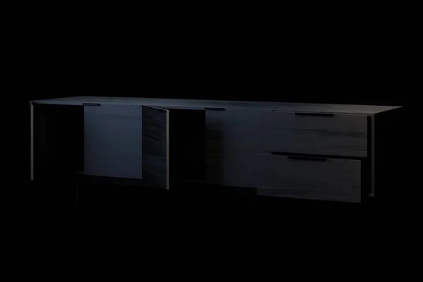 可伸缩货架的木制餐具柜 木制的抽屉与木门的腿 打开位置 带阴影的白色背景的餐具柜 — 图库照片