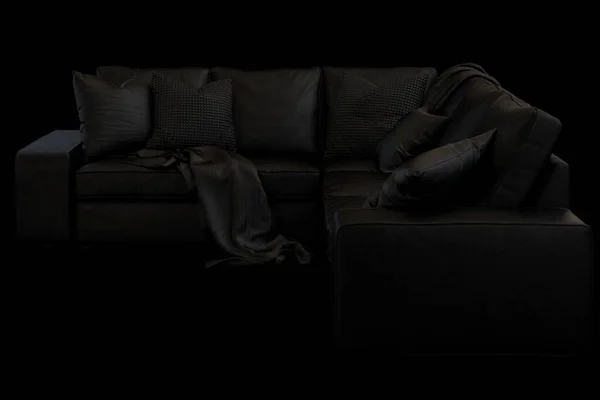 Modern black textile sofa with black pillows and plaids on black background. Scandinavian style. Dark velvet upholstery. 3d render