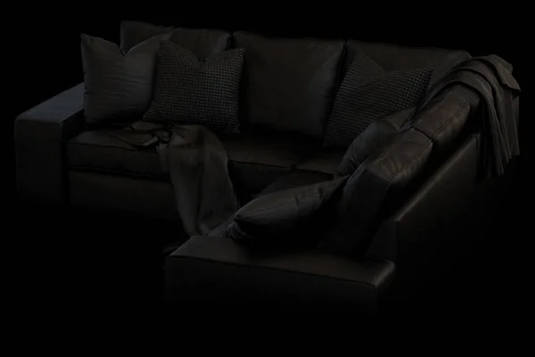 Modern black textile sofa with black pillows and plaids on black background. Scandinavian style. Dark velvet upholstery. 3d render