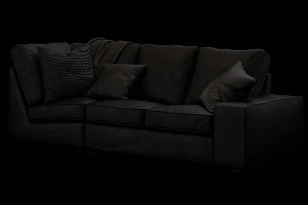 Modern black textile sofa with black pillows and plaids on black background. Scandinavian style. Dark velvet upholstery. 3d render