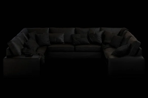Modern black furniture set with sofa, rug, floor lamp and coffee tables on black background. Scandinavian style. Modern style. Black fabric upholstery. 3d render
