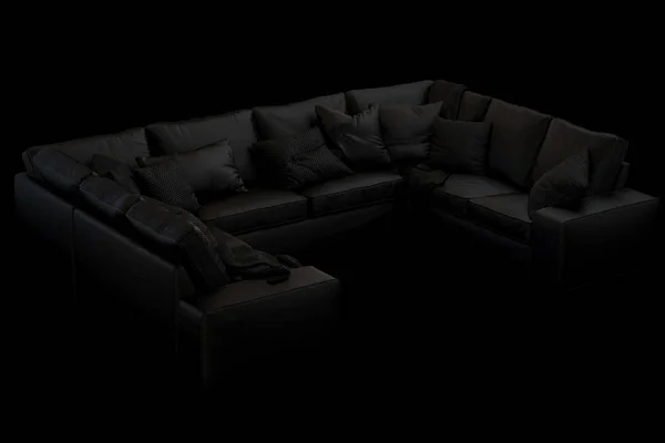 Modern black furniture set with sofa, rug, floor lamp and coffee tables on black background. Scandinavian style. Modern style. Black fabric upholstery. 3d render
