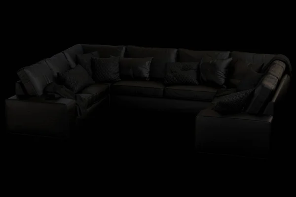 Modern black furniture set with sofa, rug, floor lamp and coffee tables on black background. Scandinavian style. Modern style. Black fabric upholstery. 3d render