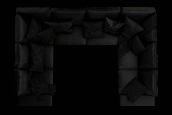 现代黑色家具集沙发 落地灯和咖啡桌上的黑色背景 斯堪的纳维亚风格 现代风格 黑色织物内饰 — 图库照片