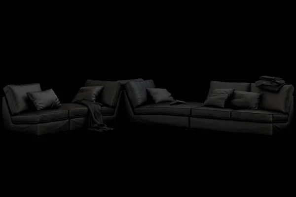 Moderne Zwarte Meubilair Ingesteld Met Sofa Tapijt Salontafels Zwarte Achtergrond — Stockfoto
