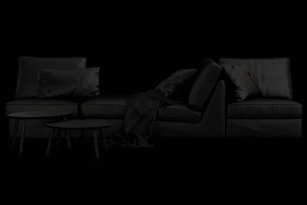 Modern black furniture set with sofa, rug and coffee tables on black background. Scandinavian style. Modern style. Black fabric upholstery. 3d render