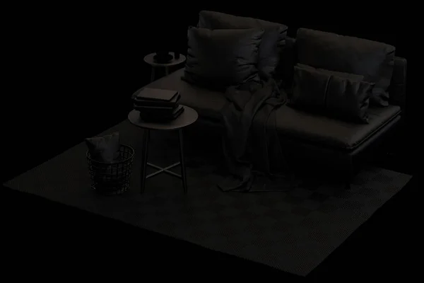 Modern black furniture set with sofa, rug, basket and coffee table on black background. Scandinavian style. Modern style. White fabric upholstery. 3d render