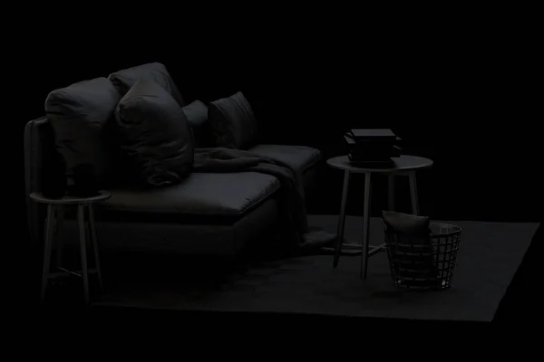 Modern black furniture set with sofa, rug, basket and coffee table on black background. Scandinavian style. Modern style. White fabric upholstery. 3d render